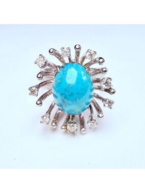 Estate 14K Solid White Gold .27 CT Diamond & Turquoise MCM Starburst VTG Ring